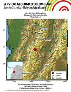 Registran sismo de magnitud 4.5 en Colombia